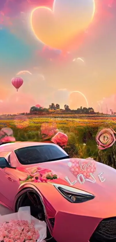 Romantic fantasy wallpaper with car and pink sky.