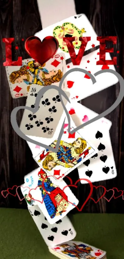 Romantic playing cards with love theme mobile wallpaper.