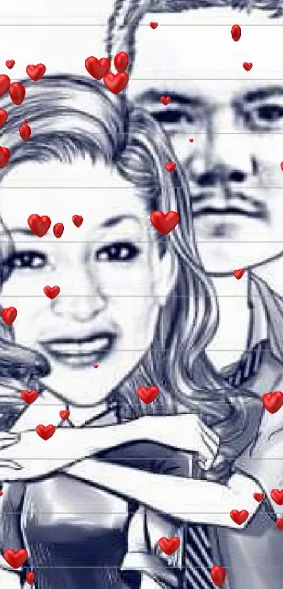 Romantic caricature of a couple with hearts background.