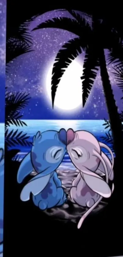 Blue and pink cartoon creatures on a moonlit beach.