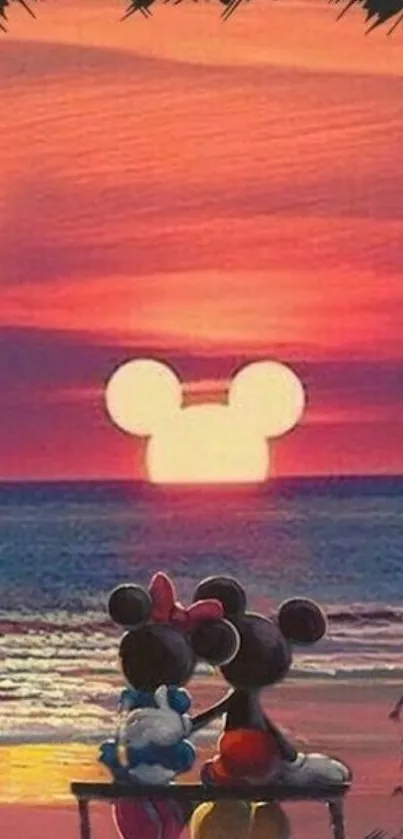 Romantic sunset with cartoon characters on the beach.