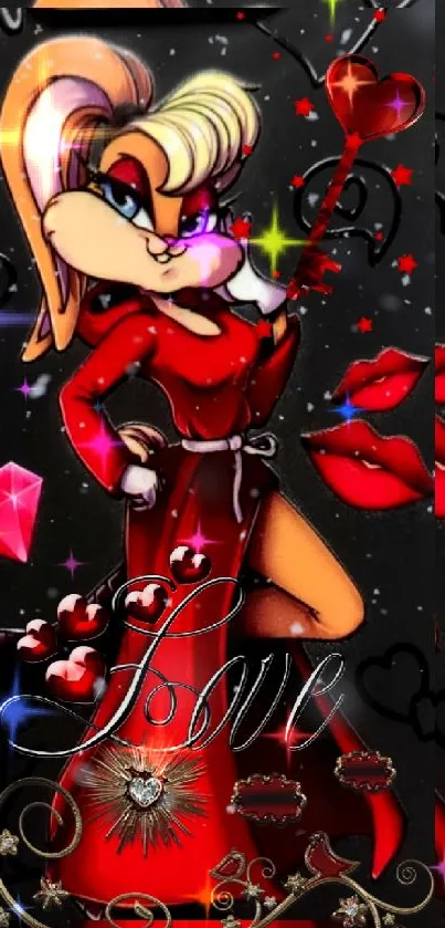 Romantic cartoon character in red dress with love theme.