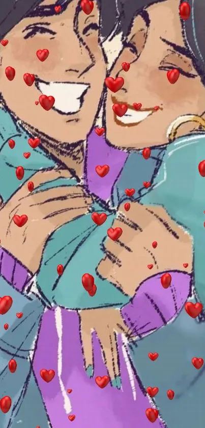 Romantic cartoon couple hugging amid floating red hearts.