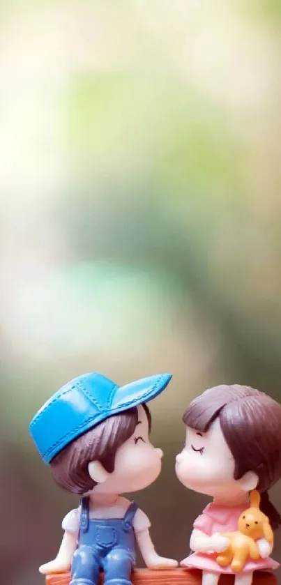 Cartoon couple kissing with bokeh background.