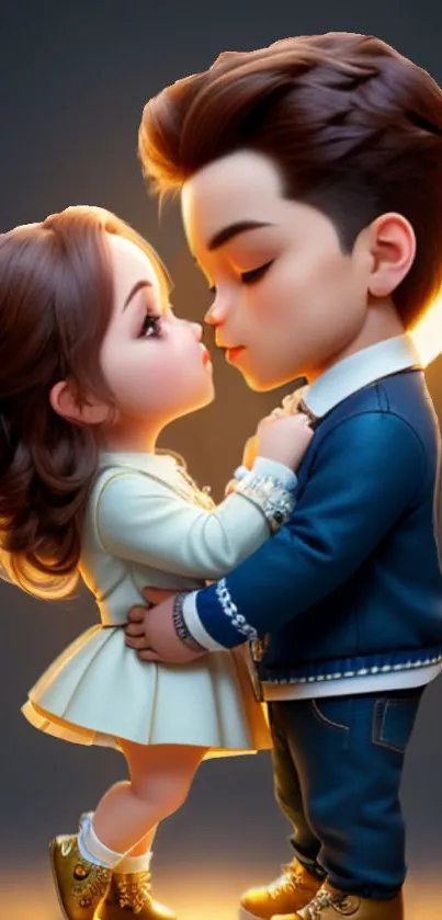 Charming animated couple in a warm, romantic embrace on mobile wallpaper.