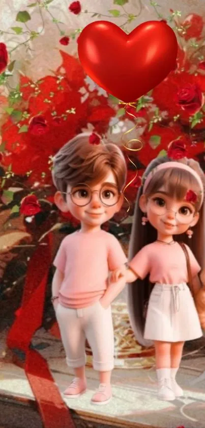 Cute cartoon couple with red roses background.