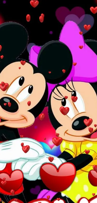 Cartoon couple with hearts, vibrant and colorful wallpaper.