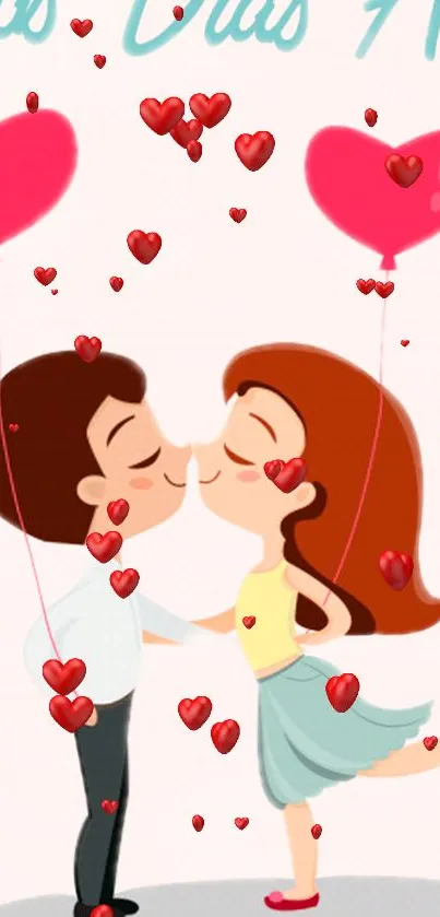 Cartoon couple with heart balloons on a romantic wallpaper.