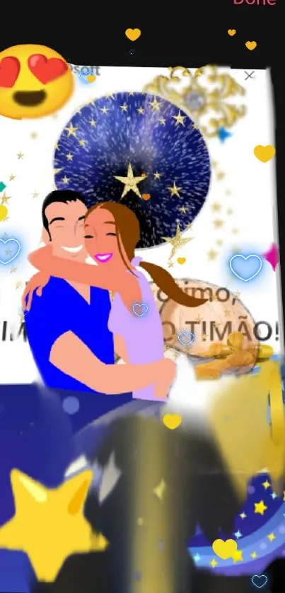 Cartoon couple hugging with hearts and stars in a vibrant wallpaper.