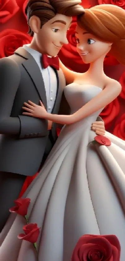Romantic cartoon couple surrounded by roses.