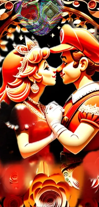 Romantic cartoon couple wallpaper with vibrant oranges and artistic flair.