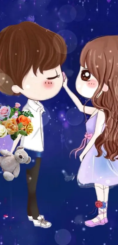 Cute animated couple with flowers and a teddy bear on a dark blue background.