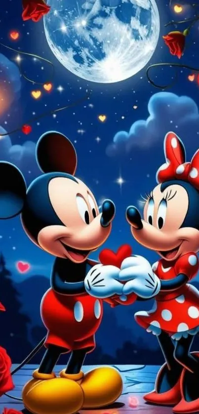 Romantic cartoon couple under moonlight with stars and red roses.