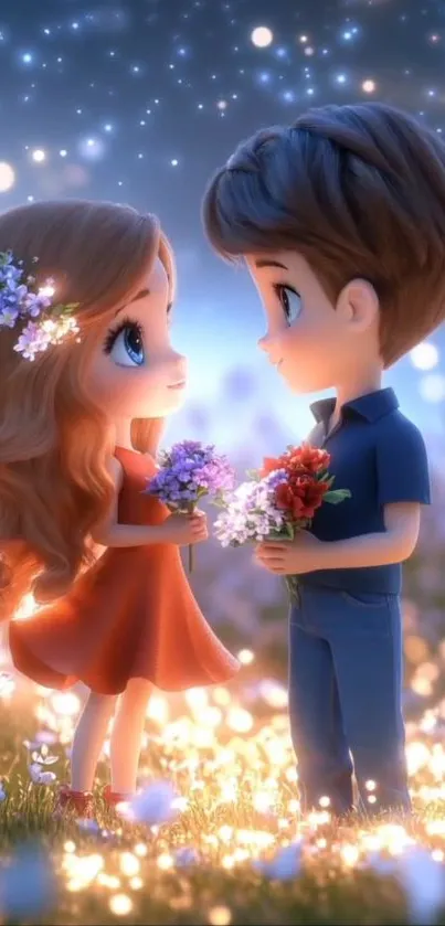 Adorable cartoon couple under a starry sky with flowers.