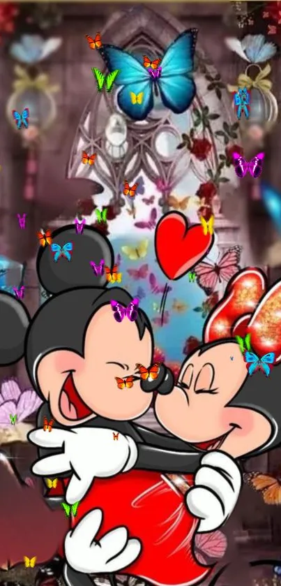 Romantic cartoon couple embraced under butterflies.