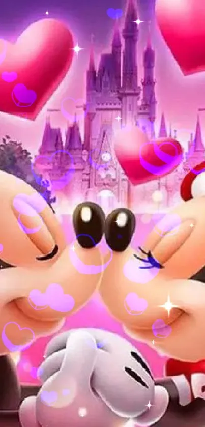 Cartoon couple with hearts in a magical background