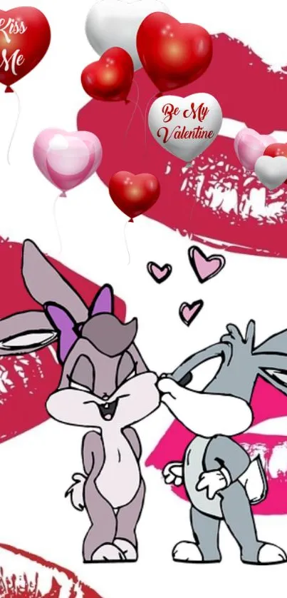 Cartoon bunnies with heart balloons and kisses on wallpaper