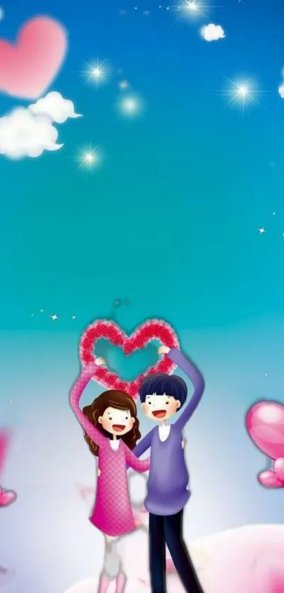 Romantic cartoon couple with hearts under a light blue sky.