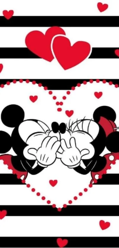 Cartoon couple with heart design and stripes mobile wallpaper.