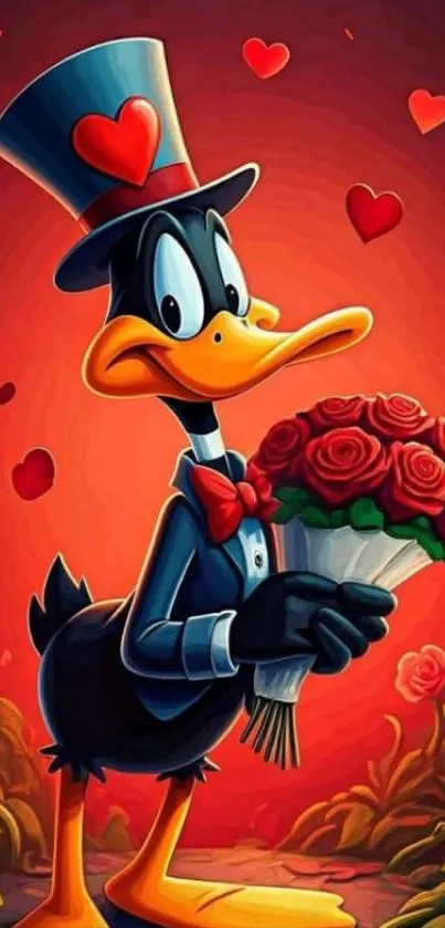 Cartoon duck with roses and hearts wallpaper.