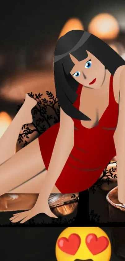 Cartoon girl in red dress amidst candles.