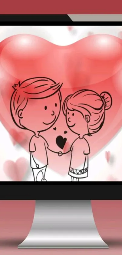 Cute cartoon couple with heart design background for mobile wallpaper.