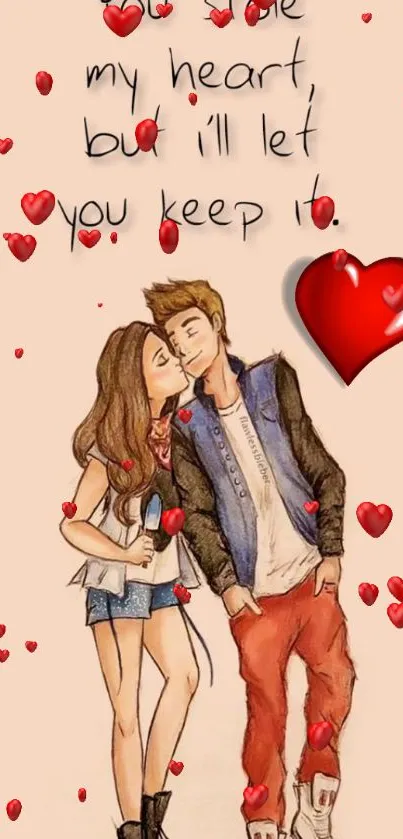 Cartoon couple kissing with love hearts and a romantic quote background.