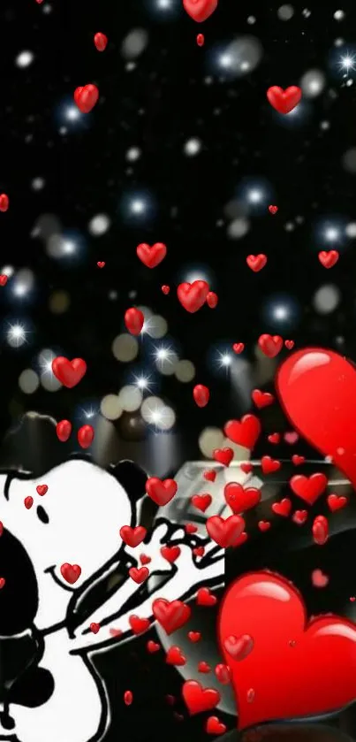 Snoopy hugging red hearts with starry background