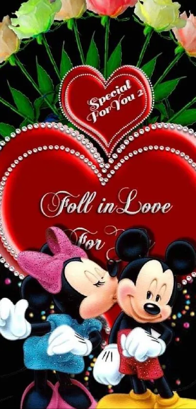 Mickey and Minnie embrace with hearts and roses in a vibrant love theme.