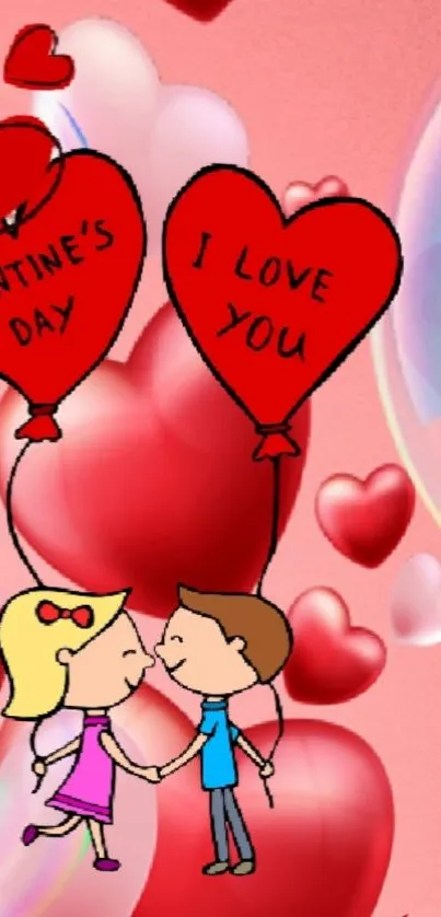 Cartoon couple holding heart balloons with a pink background.