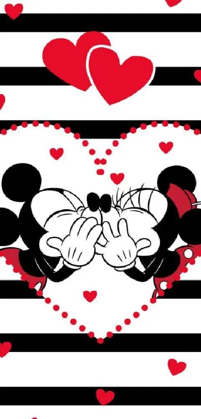 Romantic cartoon characters in heart design with red and black stripes.