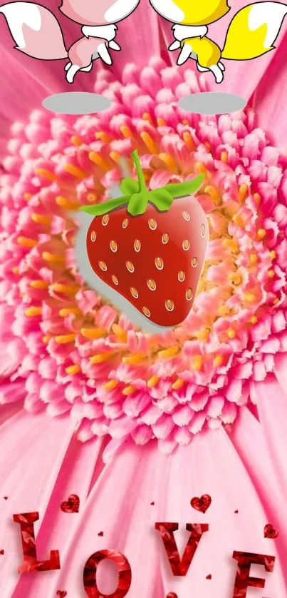 Romantic pink flower with cartoon animals and a strawberry accent.