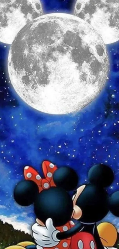 Romantic cartoon night sky with moons and classic characters under stars.