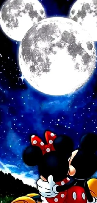 Cartoon couple under a full moonlit starry sky.