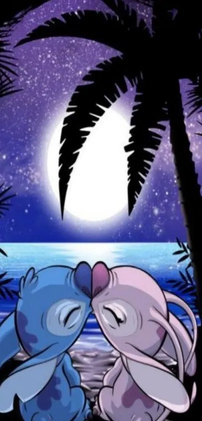 Romantic cartoon wallpaper with moonlit beach and palm trees.