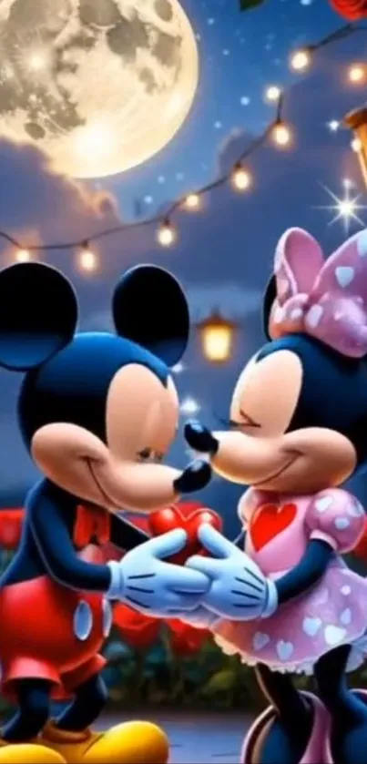 Romantic cartoon characters under a moonlit sky.