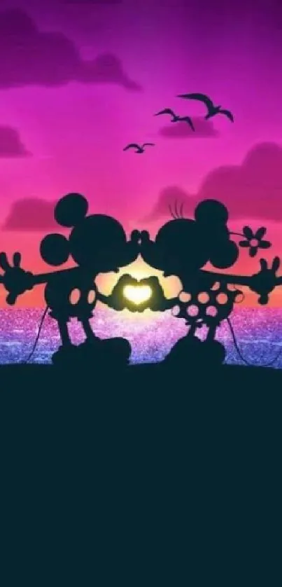 Silhouette of cartoon characters at sunset with a purple sky.