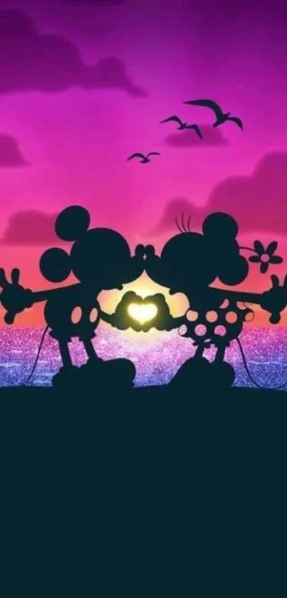 Romantic cartoon silhouette at sunset with heart shape.