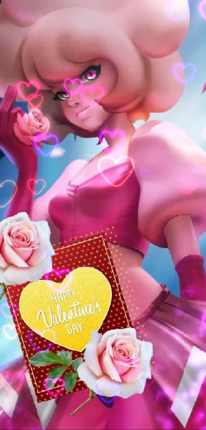 Cartoon character in pink with Valentine's card and flowers.