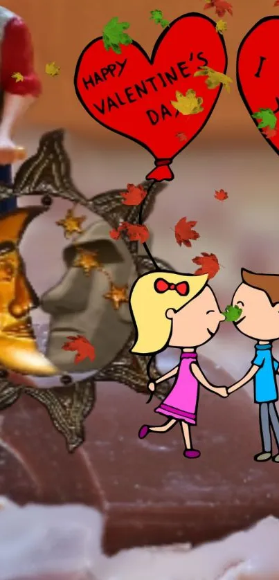 Cartoon couple with hearts and stars in a Valentine-themed wallpaper.