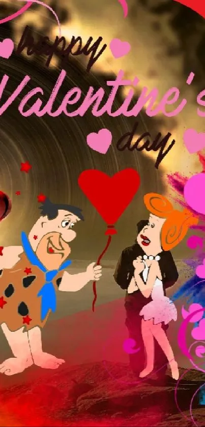 Romantic Valentine's Day cartoon wallpaper with colorful hearts and a dreamy background.