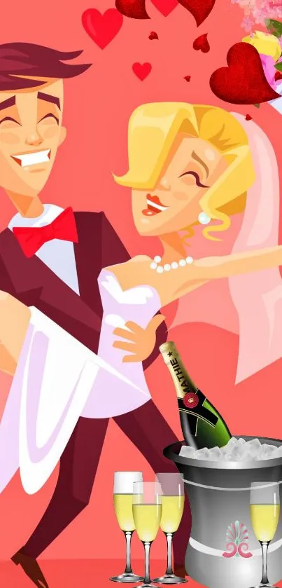 Cartoon wedding couple with champagne and hearts in a pink background.