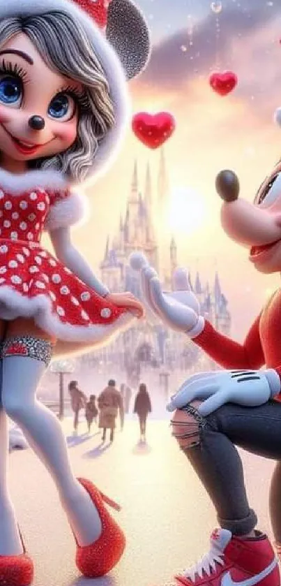 Romantic cartoon scene with characters, castle, and red winter theme.