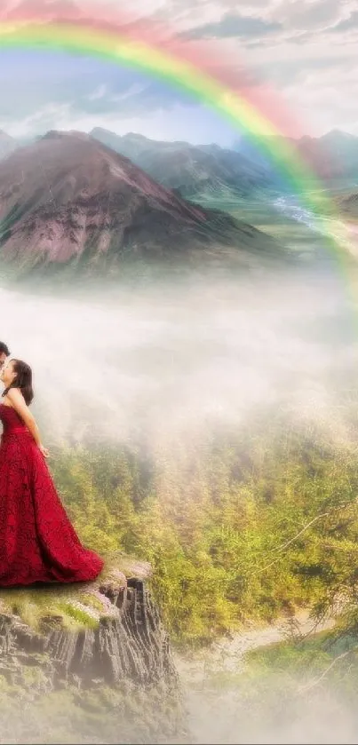 Romantic scene with castle, rainbow, and couple in nature.