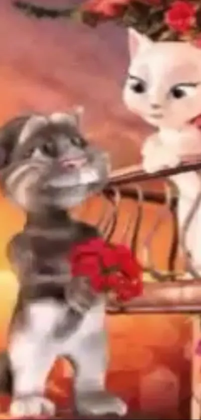 Romantic cartoon cats with flowers in a magical setting.