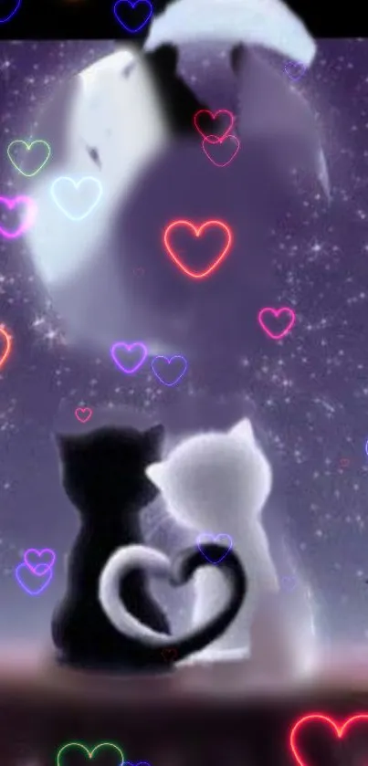 Silhouetted cats under a moonlit, starry sky with colorful heart designs.