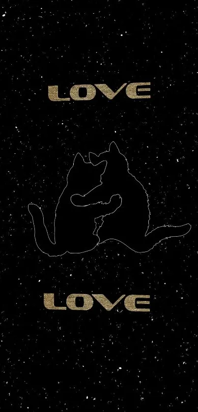 Romantic cat silhouette with stars and love text on a dark wallpaper.