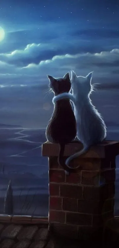 Two cats sitting on a chimney under a moonlit starry sky.