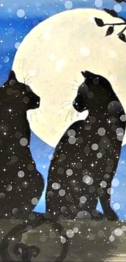 Silhouetted cats sitting under a full moon with sparkling stars.