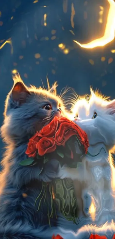 Two animated kittens with roses under moonlit sky.